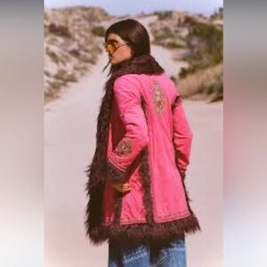 SPELL x Free People Joplin Pink Jacket Brown Fur Trim